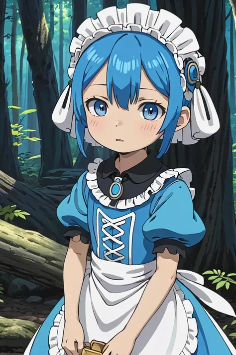 1boy, 
 masterpiece, ultra detail, forest
 <lora:marulk-000007:0.6> marulk,  solo, looking at viewer,
 tree, puffy short sleeves, maid, maid headdress, capelet, otoko no ko, pouch, male child, whistle, blue capelet, whistle around neck