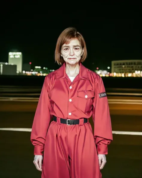 angry, evil grin, bangs, night city, brown hair, shirt, long sleeves, real life insert, high-waist pants, thick lips, <lora:1980s_delinquent_v1:0.7>, solo, red jacket, (very short hair:1.5), (beard old man:1.5)