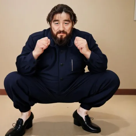 realistic, long sleeves, bangs, pants, makeup, shoes, <lora:1980s_delinquent_v1:0.7>, old man, fat, beard, squatting,