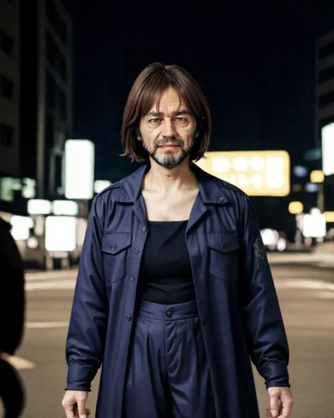 angry, evil grin, bangs, night city, brown hair, shirt, long sleeves, real life insert, high-waist pants, thick lips, <lora:1980s_delinquent_v1:0.7>, solo, black long coat, (very short hair:1.5), (beard old man:1.5)