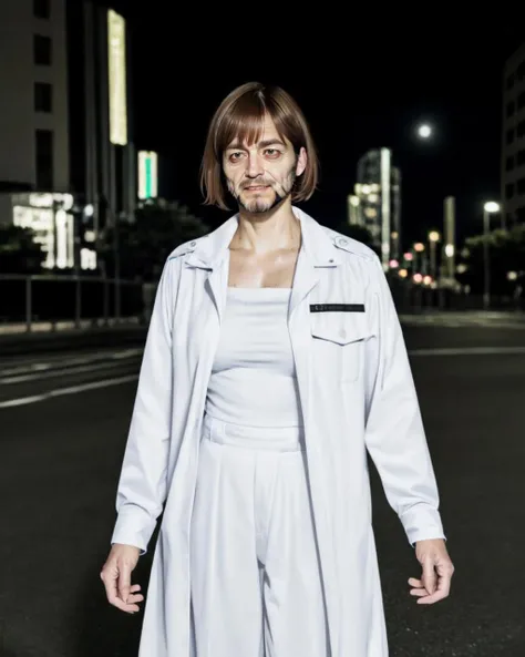 angry, evil grin, bangs, night city, brown hair, shirt, long sleeves, real life insert, high-waist pants, thick lips, <lora:1980s_delinquent_v1:0.7>, solo, white long coat, (very short hair:1.5), (beard old man:1.5)