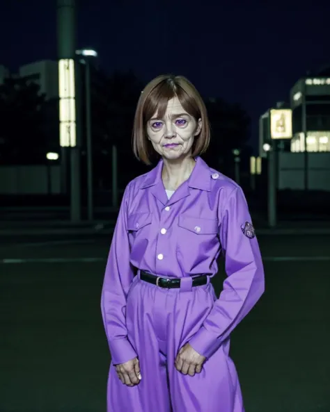 angry, evil grin, bangs, night city, brown hair, shirt, long sleeves, real life insert, high-waist pants, thick lips, <lora:1980s_delinquent_v1:0.7>, solo, purple jacket, (very short hair:1.5), (beard old man:1.5)
