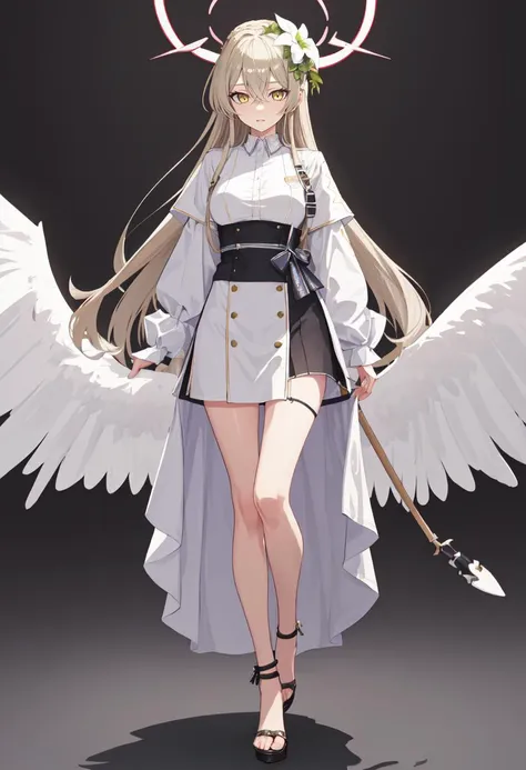 pov, cowboy shot, standing, best quality, masterpiece, nagisa-fi, halo, white wings, long sleeves, white dress, sailor collar, capelet, white skirt, black pantyhose, (huge breasts:1.2), (thigh gap:1.2), looking at viewer, 3d, (realistic:1.2), detailed face, detailed eyes, beautiful, <lora:waist_size_control_v1.0:0.75> <lora:ass_size_control_v1.0:-0.75> <lora:nagisa-fi:1> expressionless, <lora:more_details:0.4> perfect lighting, ultra detail, (white background:1.2)