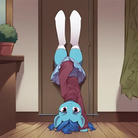 (score_9, score_8_up, score_7_up, score_6_up, score_5_up, score_4_up), (rating_questionable:1.3), feral, female, (pony:1.2), full body, sweater, skirt, knee socks, hallway, full-length mirror <lora:lycoris_meme_pony_v1:0.8> lycoris challenge (meme), upside-down, one arm handstand, covering privates, covering crotch, <lora:Bleedman:0.8> bleedman