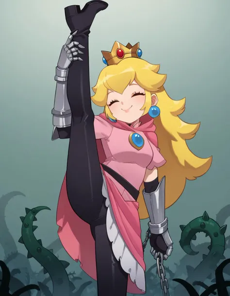 zPDXL, score_9, score_8_up, score_7_up, source_anime,
1girl, solo, (closed eyes:1.2), smile, (standing split), demon wearing Shadowy armor set with a hooded cloak, chainmail top, leather pants, knee-high boots, clawed gauntlets, crown of twisted thorns,
<lora:Bleedman_v2:0.8> bldmn, Princess Peach, blonde hair, long hair