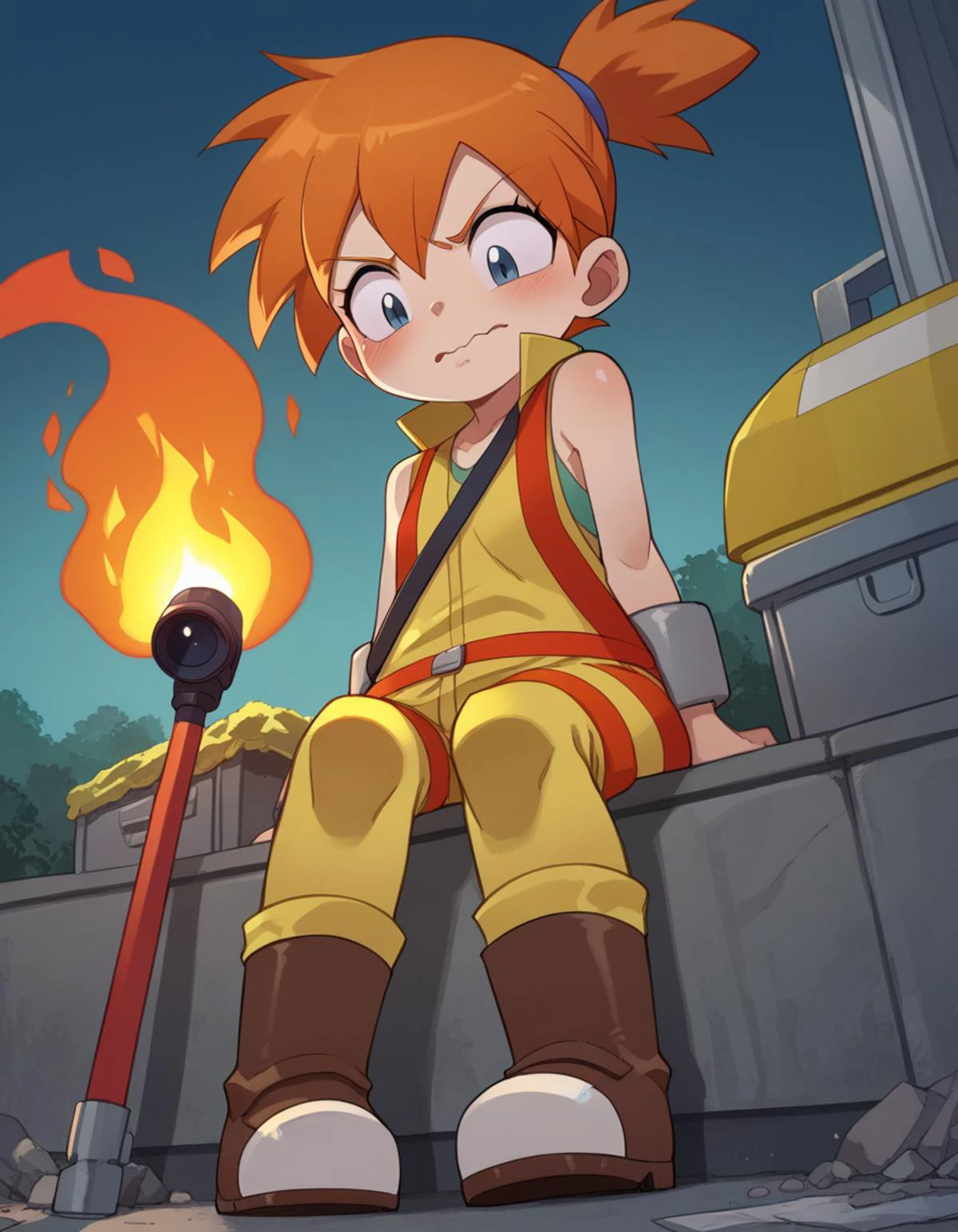 zPDXL, score_9, score_8_up, score_7_up, source_anime,
1girl, solo, wavy mouth, (leaning back), firefighter wearing Fire-resistant jacket with reflective trim, bunker pants with reinforced cuffs, modern firefighter helmet with built-in flashlight, rugged work boots, thermal imaging camera,
<lora:Bleedman_v2:0.8> bldmn, Pokemon, Misty, flat chest, orange hair