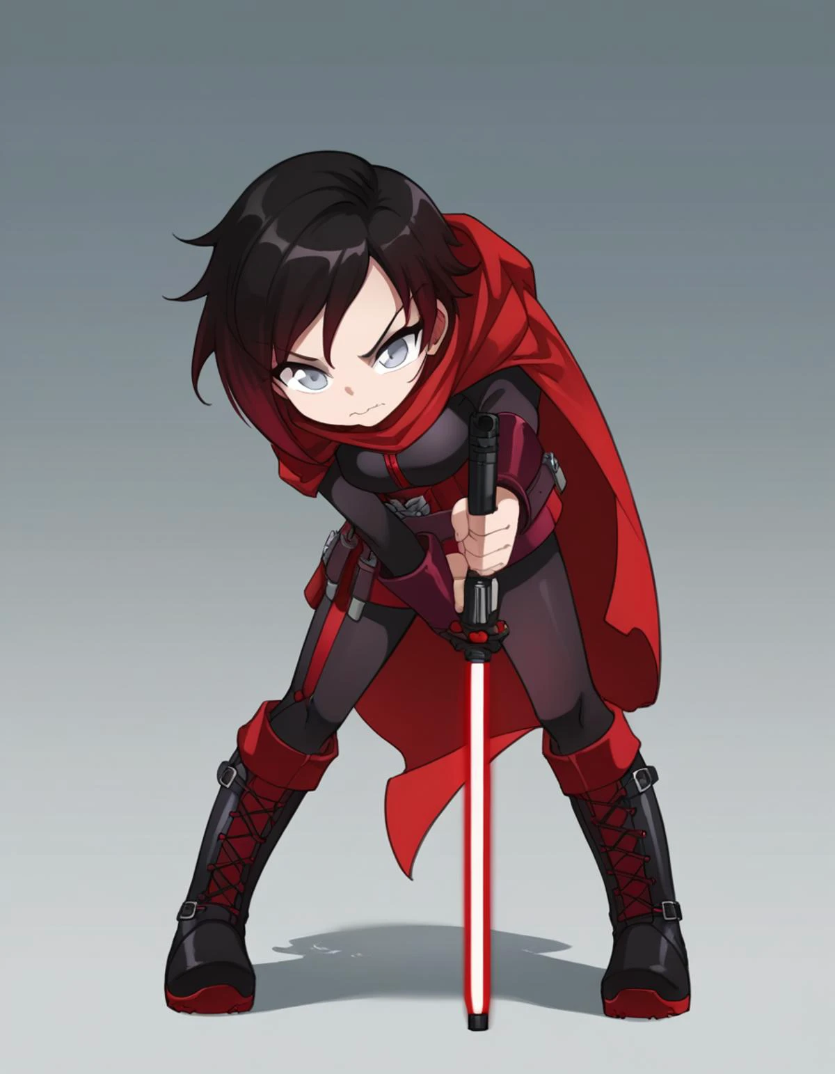 zPDXL, score_9, score_8_up, score_7_up, source_anime,
1girl, solo, wavy mouth, closed mouth, (bending over), jedi wearing a heavy Jedi cloak,leather Jedi belt,lightweight leather boots, leather bracers, holding a double-bladed lightsaber,
<lora:Bleedman_v2:0.8> bldmn, Ruby Rose \(Rwby\), black hair, red hair, gradient hair, silver eyes, short hair,