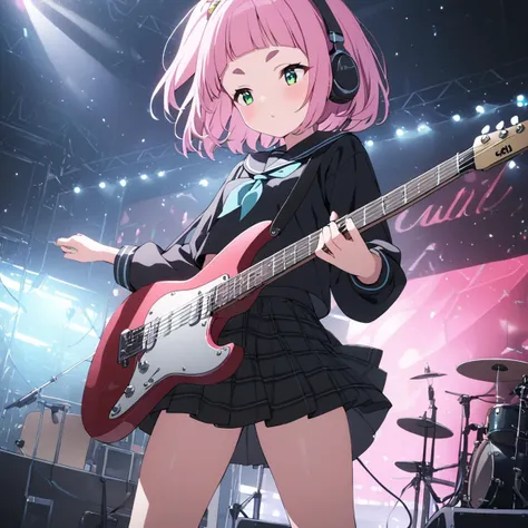1girl, girl,(girl:1.5), solo,kiui watase, short hair, bangs, hair ornament, green eyes, pink hair, thick eyebrows, hair scrunchie, scrunchie, ponytail, blunt bangs, small waist,short stature,small in stature,small breast,black sailor uniform, one side up ,stage lights,masterpiece, pleated skirt,miniskirt plaid skirt , black shirt,black Over the Knee, black knee-high socks, indoors, electric guitar, guitar, headphones, holding, holding plectrum, instrument,music, girl playing an electric guitar,singing with a guitar on stage,stage lights,((caustic)), ((cinematic light)),dynamic angle,beautiful detailed glow,solo focus,(cinematic light)), ultra-detailed,colorful, hyper detail, dramatic light, intricate details, best quality, (detailed background:1.4), (hyper detail,beautiful detailed face, beautiful detailed eyes), high contrast, (best illumination, an extremely delicate and beautiful), <lora:kiui-watase-s1-ponyxl-lora-nochekaiser:1> <lora:Gakkou_SDXL_V1:1>
