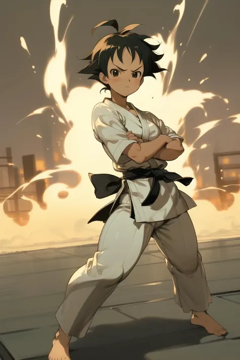 1girl, fighting stance, full body, power field, on fire buildings, looking at viewer, makotoms, white clothes, crossing arms, best quality