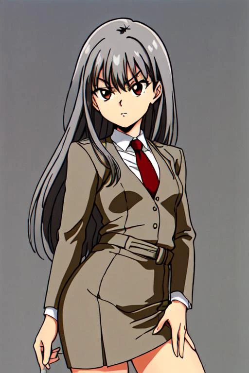 1980s \(style\), high res, 1girl, elegant 29 y.o, long straight hair, fringe, B-Ko, grey hair, small eyes, (closed eyes:0.8), small breasts, small pupils, elegant brown uniform, tie, long skirt, jacket, drawn by (masamune shirow:1.0), 8K, HD, Masterpiece, sharp, neutral grey background, straight jawline, retro, (sfw:1.2),<lora:bluetheboneEsthetic80s_bluethebone19:0.4>