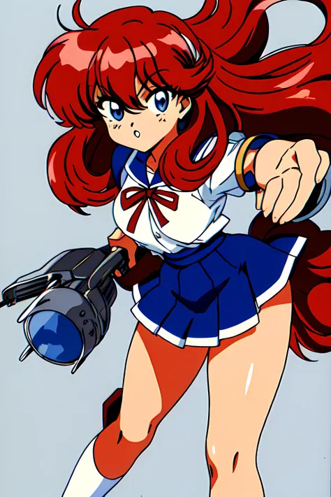 1980s \(style\), high res, 1girl, 27 y.o, long fluffy hair, A-Ko, red puffy hair, large blue eyes, small breasts, small pupils, white schoolgirl shirt, (long blue skirt:1.0), (dark bracers:1.0), drawn by (masamune shirow:1.0), 8K, HD, Masterpiece, sharp, neutral grey background, retro, <lora:bluetheboneEsthetic80s_bluethebone19:0.4>