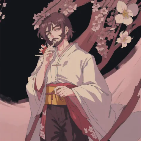 1980s \(style\), bluethebone, cowboy shot <lora:bluethebone:0.6>, 1boy, bearded man with a cigarette in his mouth, kimono with colorful flowers, sakura in the background