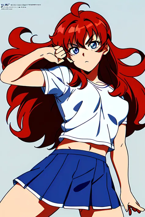 1980s \(style\), high res, 1girl, 27 y.o, long fluffy hair, A-Ko, red puffy hair, large blue eyes, small breasts, small pupils, white schoolgirl shirt, (long blue skirt:1.0), dark bracers, drawn by (masamune shirow:1.0), 8K, HD, Masterpiece, sharp, neutral grey background, fight pose, <lora:bluetheboneEsthetic80s_bluethebone19:0.4>
