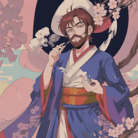 1980s \(style\), bluethebone, cowboy shot <lora:bluethebone:0.6>, 1boy, bearded man with a cigarette in his mouth, kimono with colorful flowers, sakura in the background