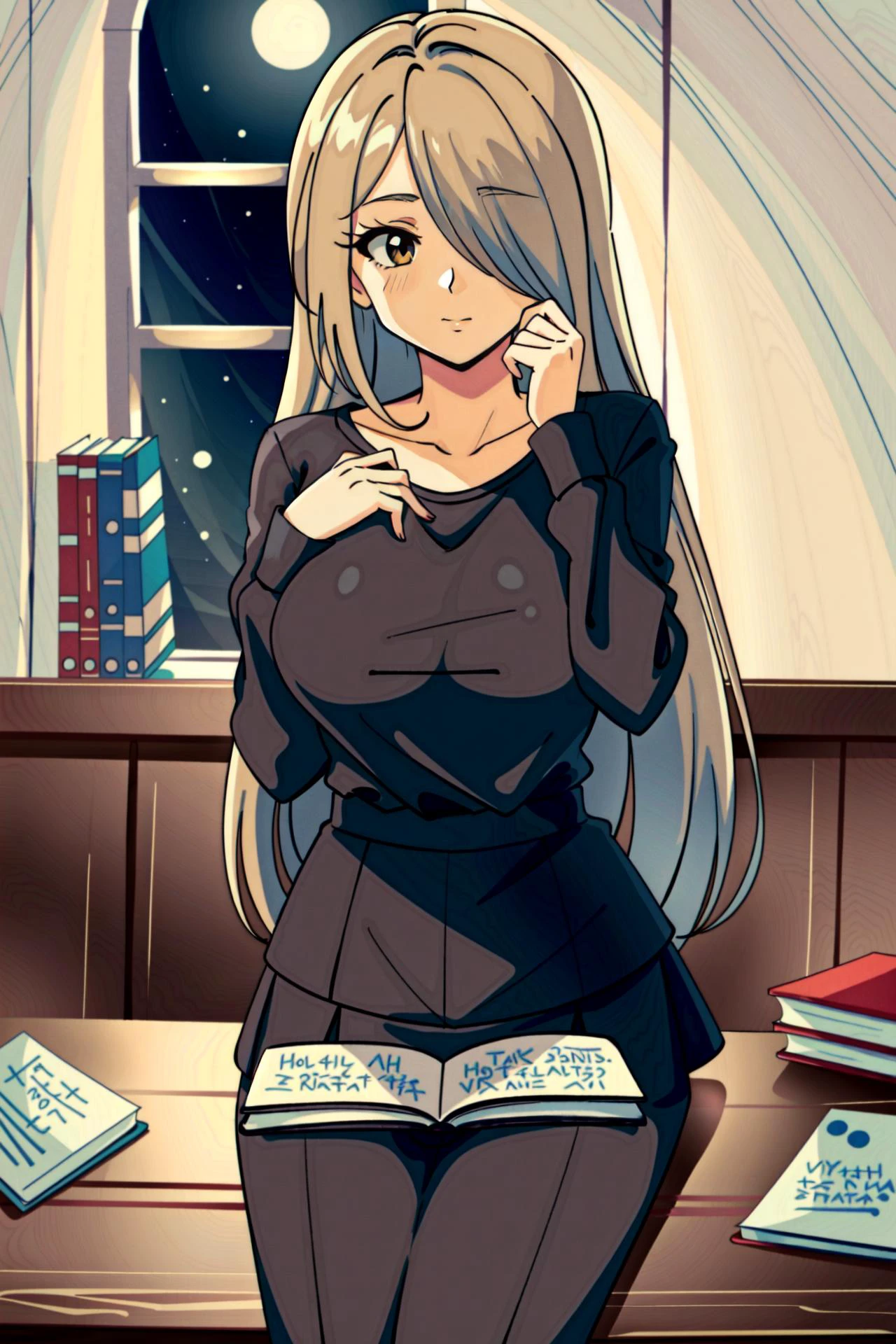 <lora:bluethebone1.9:0.5> BREAK, ((masterpiece, ultra detailed, best quality, absurdres, highres, 8k, 4k, uhd, beautiful, intricate)), BREAK, 1girl, dynamic pose, half body, standing, medium breasts, (white long hair, messy hair, hair over eyes), deep brown eyes, hands on table, black shirt, pleated skirt, BREAK, (extremely detailed background), window, moon, night, table, laptop, books