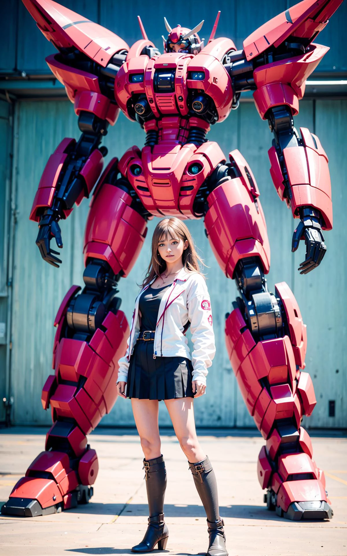 Photo of a nerdy woman standing infront of an exceptionally large heavy mecha in the background. super_mecha in the background, (22 years old woman), medium breast, small waist, brown hair, green eyes, perfect illumination, beautiful detailed, full body, pleated skirt, long boots, blurry. super_mecha, <lora:super mecha_20230606112241:0.8>