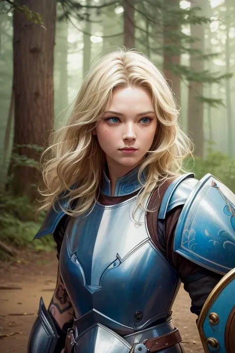 girl, beautiful, slender, (short wavy blonde hair, blue eyes, round chin, round face, tattoos:1.5), (warrior, leather armor, flail, shield:1.4), (battle, destruction, ancient ruins, dark forest:1.3), (solo, portrait:1.2), (magical, dreamy, fantasy, surreal, ethereal, folklore, mythical, legendary :1.1), (masterpiece, original, best quality, high quality, hdr:1), best artists, detailed, ray tracing, reflections, vivid colors, high contrast, rim lights, back lights, photorealism, hyperrealism, realistic, cinematography, cinematic lighting, cinematic bloom, sfw, <lora:fix_vivid:0.4>, <lora:fix_add_detail:0.6>, <lora:fix_goodhands:0.8>