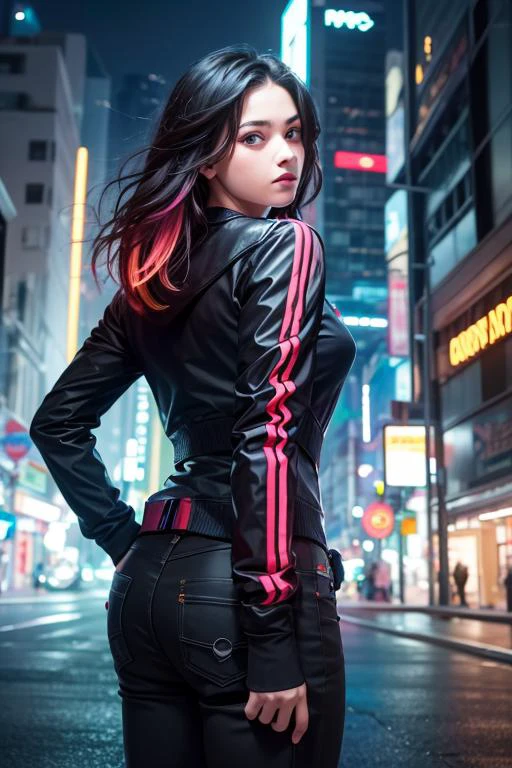 1girl, solo, (looking back, from side, looking at viewer:1.1), wavy hair, medium hair, (multicolored hair:1.3), age, jacket, (blacklight:1.2), rain, night, cyberpunk city, glowing neon lights, deep theme, heavy breathing, concept art, high detailed black jacket, building, city lights, gloves, long sleeves, pants, science fiction, (masterpiece, original, best quality, high quality, hdr:1), best artists, detailed, ray tracing, reflections, vivid colors, high contrast, rim lights, back lights, photorealism, hyperrealism, realistic, cinematography, cinematic lighting, cinematic bloom, sfw, <lora:fix_vivid:0.4>, <lora:fix_add_detail:0.6>, <lora:fix_goodhands:0.8>