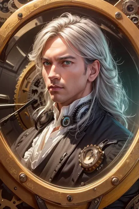 (man, handsome:1.6), (muscular, silver hair, green eyes:1.2), (Victorian era, 18th century, steampunk, clockwork:1.5), (solo, portrait:1.4), (best quality, high quality:1.3), ultra realistic 8k cg, highly detailed, hires, masterpiece, best artists, cinematic lighting, cinematic bloom, (masterpiece, original, best quality, high quality, hdr:1), best artists, detailed, ray tracing, reflections, vivid colors, high contrast, rim lights, back lights, photorealism, hyperrealism, realistic, cinematography, cinematic lighting, cinematic bloom, sfw, <lora:fix_vivid:0.4>, <lora:fix_add_detail:0.6>, <lora:fix_goodhands:0.8>