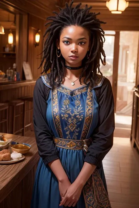 a portrait photo of a black girl, dark skin, smiling, tattoo, blue dreads, (folk dress:1.3), Ukrainian short dress, pronounced feminine feature, insane details, intricate details, hyperdetailed, complex background, medieval tavern, indoors, sfw, (masterpiece, original, best quality, high quality, hdr:1), best artists, detailed, ray tracing, reflections, vivid colors, high contrast, rim lights, back lights, photorealism, hyperrealism, realistic, cinematography, cinematic lighting, cinematic bloom, sfw, <lora:fix_vivid:0.4>, <lora:fix_add_detail:0.6>, <lora:fix_goodhands:0.8>