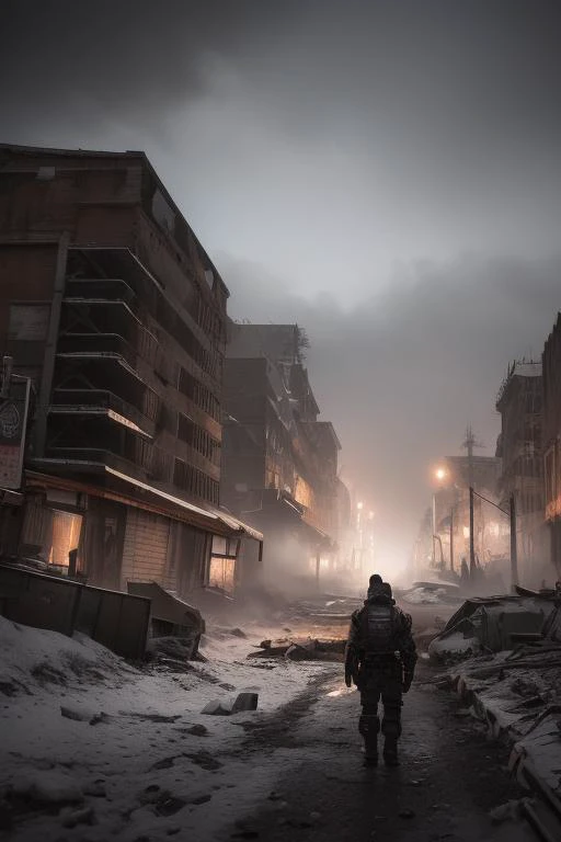 end of the world, epic realistic, (hdr:1.4), (muted colors:1.4), apocalypse, freezing, abandoned, neutral colors, night, screen space refractions, (intricate details), (intricate details, hyperdetailed:1.2), artstation, cinematic shot, vignette, complex background, buildings, snowy