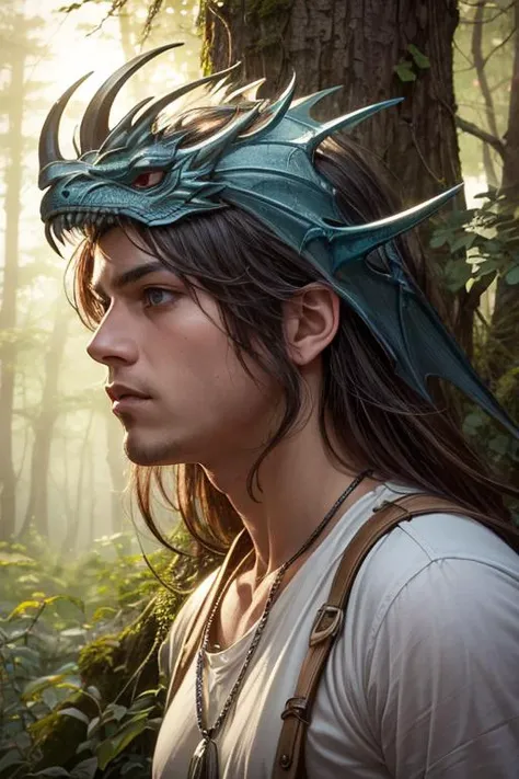 portrait, {best quality}, {{masterpiece}}, {highres}, original, extremely detailed 8K wallpaper, (man, male focus:1.3), {an extremely delicate and handsome}, dreamy forest, photorealistic, realistic, ((dragon man)), slim waist, neat figure, wavy hair, blue eyes, looking at viewer, necklace, (handsome face), profile, neat figure, (masterpiece, original, best quality, high quality, hdr:1), best artists, detailed, ray tracing, reflections, vivid colors, high contrast, rim lights, back lights, photorealism, hyperrealism, realistic, cinematography, cinematic lighting, cinematic bloom, sfw, <lora:fix_vivid:0.4>, <lora:fix_add_detail:0.6>, <lora:fix_goodhands:0.8>