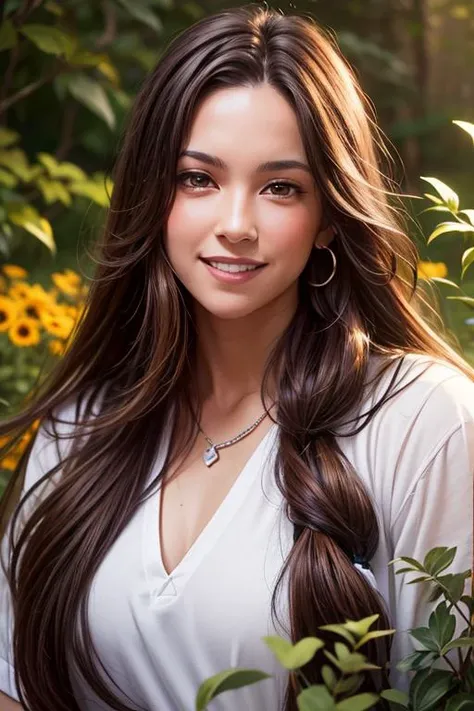 girl, beautiful, (long brown hair, brown eyes, smiling:1.5), (white shirt:1.4), (garden:1.3), (looking at camera, solo, centered, portrait:1.2), (best quality, high quality:1.1), ultra detailed 8k cg, realistic, cinematic bloom, cinematic lighting, (masterpiece, original, best quality, high quality, hdr:1), best artists, detailed, ray tracing, reflections, vivid colors, high contrast, rim lights, back lights, photorealism, hyperrealism, realistic, cinematography, cinematic lighting, cinematic bloom, sfw, <lora:fix_vivid:0.8>, <lora:fix_add_detail:0.6>, <lora:fix_goodhands:0.8>