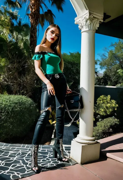 <lora:AliceMarch_SDXL_v1.0:1.25>
professional beauty photo of an ohwx woman
standing in a Hollywood mansion patio,
wearing Prada Elegant Edge Green off-the-shoulder top with lace details Distressed denim jeans with frayed hem Black leather ankle boots with silver-tone buckles Prada Cahier handbag with signature gold chain Lace details and delicate embroidery on top
dramatic skewed angle film noir, expressive photography, dramatic shadows, masterpiece, best quality, absurdres
(in style of Helmut Newton:1.1).