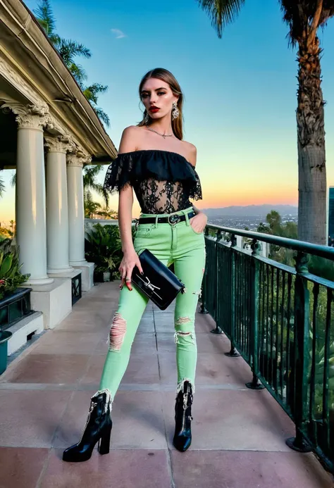 <lora:AliceMarch_SDXL_v1.0:1.25>
professional beauty photo of an ((ohwx woman))
standing in a Hollywood mansion patio,
wearing Prada Elegant Edge Light Green off-the-shoulder top with lace details Distressed denim jeans with frayed hem Black leather ankle boots with silver-tone buckles Prada Cahier handbag with signature gold chain Lace details and delicate embroidery on top
film noir, expressive photography, dappled sunlight, romantic, dramatic shadows, masterpiece, best quality, absurdres
(in style of Helmut Newton:1.1).
