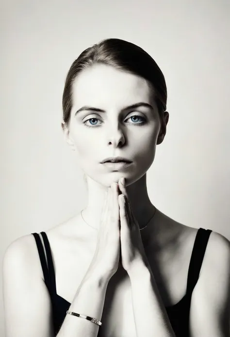 <lora:AliceMarch_SDXL_v1.0:1.1>
((ohwx woman)),
(headshot:1.2) Minimalist studio headshot photography of a serene individual, expertly captured by the visionary photographer, Sarah Moon. The headshot showcases the subject in a state of calm contemplation, with a serene face and introspective eyes that draw viewers into their world. They are dressed in a simple yet refined ensemble, characterized by clean lines and muted tones. she exudes an understated elegance, while a delicate metal bracelet adds a subtle touch of detail. The subject is positioned amidst a serene landscape, featuring tranquil water and minimalist architecture, which heightens the serene and tranquil atmosphere of the portrait. This portrait, executed with extraordinary attention to detail and influenced by Hiroshi Sugimoto's photography style, showcases ultra-high detail and emphasizes the serene quality of the subject's facial features, capturing their introspective essence in a minimalist and captivating manner (photography by Sarah Moon:1.1).