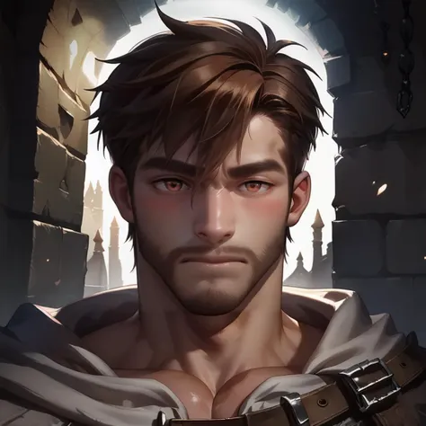 score_9, score_8_up, realistic, rating_questionable, bif, UPPER BODY, FACE FOCUS,  
<lora:luke_pony_v2:1>,luke_pearce, hazel eyes, brown hair, short hair, hair between eyes, bangs,
, glossy skin, bara, mature, facial hair, male in the dungeon, dark dungeon, darkness, a background of dark dungeon, handsome, <lora:slider_StS_detail_slider_v1:3><lora:egg_ethan-04:.7>, <lora:style_Concept Art DarkSide Style LoRA_Pony XL v6:1>