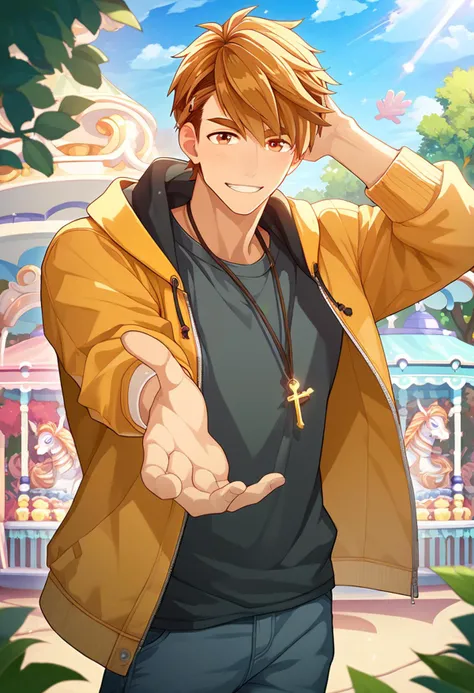 1boy, male focus,
<lora:Character - Tear of Themis - Luke PearcePONY:1> luke_pearce, brown hair, short hair, coral eyes, brown eyes, key necklace,
((zPDXL)), score_9_up, score_8_up, score_7_up, score_6_up, score_5_up, score_4_up, best quality, amazing quality, best aesthetic, absurdres, year2023, very nsfw, uncensored, game cg, official art, official style,
looking at viewer, facing viewer, ((standing)), from front, park, carousel, reaching towards viewer, smile, shirt, open jacket,