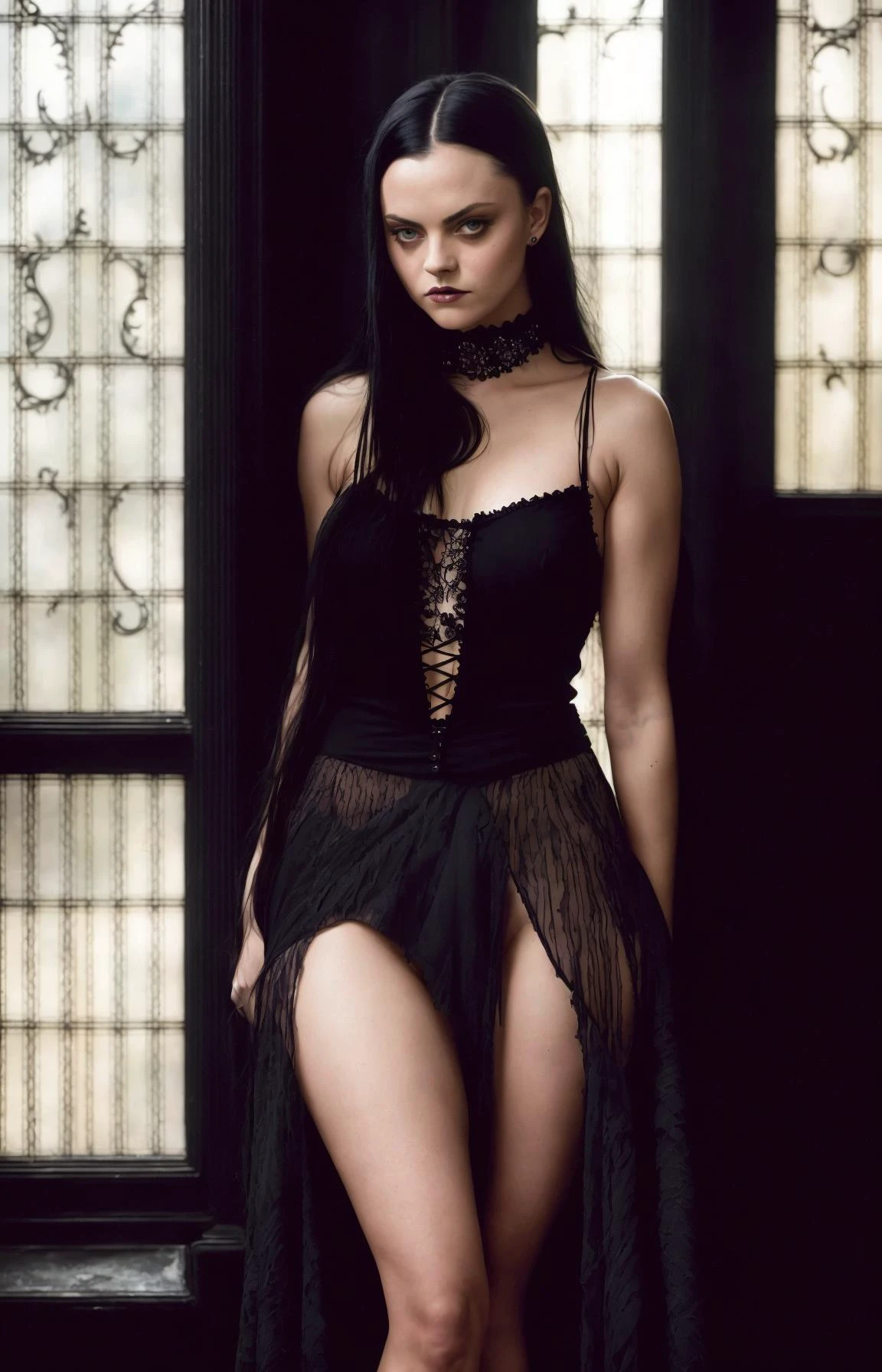 dark moody color photograph of wednesday addams, topless and shirtless, wearing a black slit skirt, textured skin , goosebumps, in a fancy gothic mansion with tall windows, misty room, (atmospheric lighting), 85mm, bokeh,sharp focus on subject, shot by Barbara Hazen