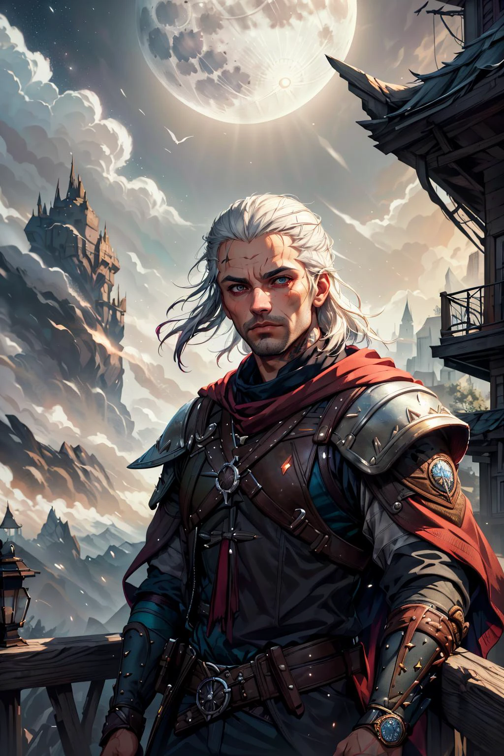 (masterpiece, best quality), <lora:add_detail_v5:1>, <lora:stylesqueeze_v1b:0.5>,
(1man, masculine adult male:1.2), ruby eyes, dark brown hair, french crop,
Style-GravityMagic, portrait, solo, (full body:0.6), looking down, detailed background, detailed face, (<lora:TotemPunkAI:0.5>, totempunkai theme:1.1), serious expression, witcher, adventurer, wearing light witcher clothes, crude, cloak belts, witcher gear, glowing tattoos, magic-infused, candlelit room in background, moonlight, intesne action, wind blowing, magical aura, fantasy atmosphere,