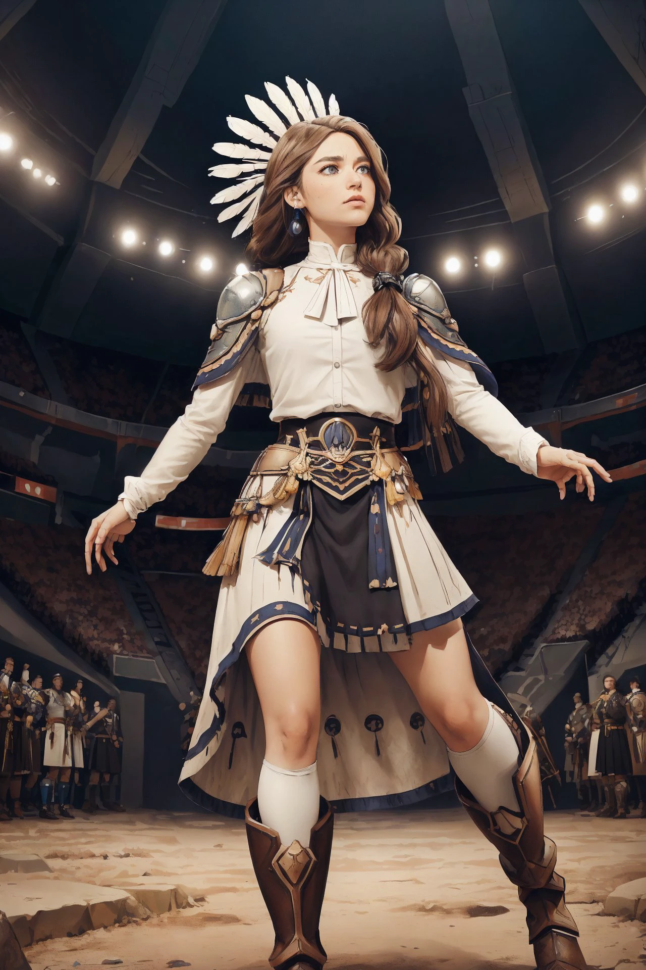 ASCII<lora:mercedes-nvwls-v2-final:.8> defMercedes, capelet, hair bow, white shirt, black skirt, blue leggings, brown boots ,
portrait, solo, (full body:0.6), looking up, detailed background, detailed face, (<lora:totempunkai:0.5>, totempunkai, sioux theme:1.1), gladiator, defeated, movement, Selective yellow gladiator armor, greaves, shoulder armor, fighting pit in background, blood, dramatic lighting, intense gladiatorial atmosphere,