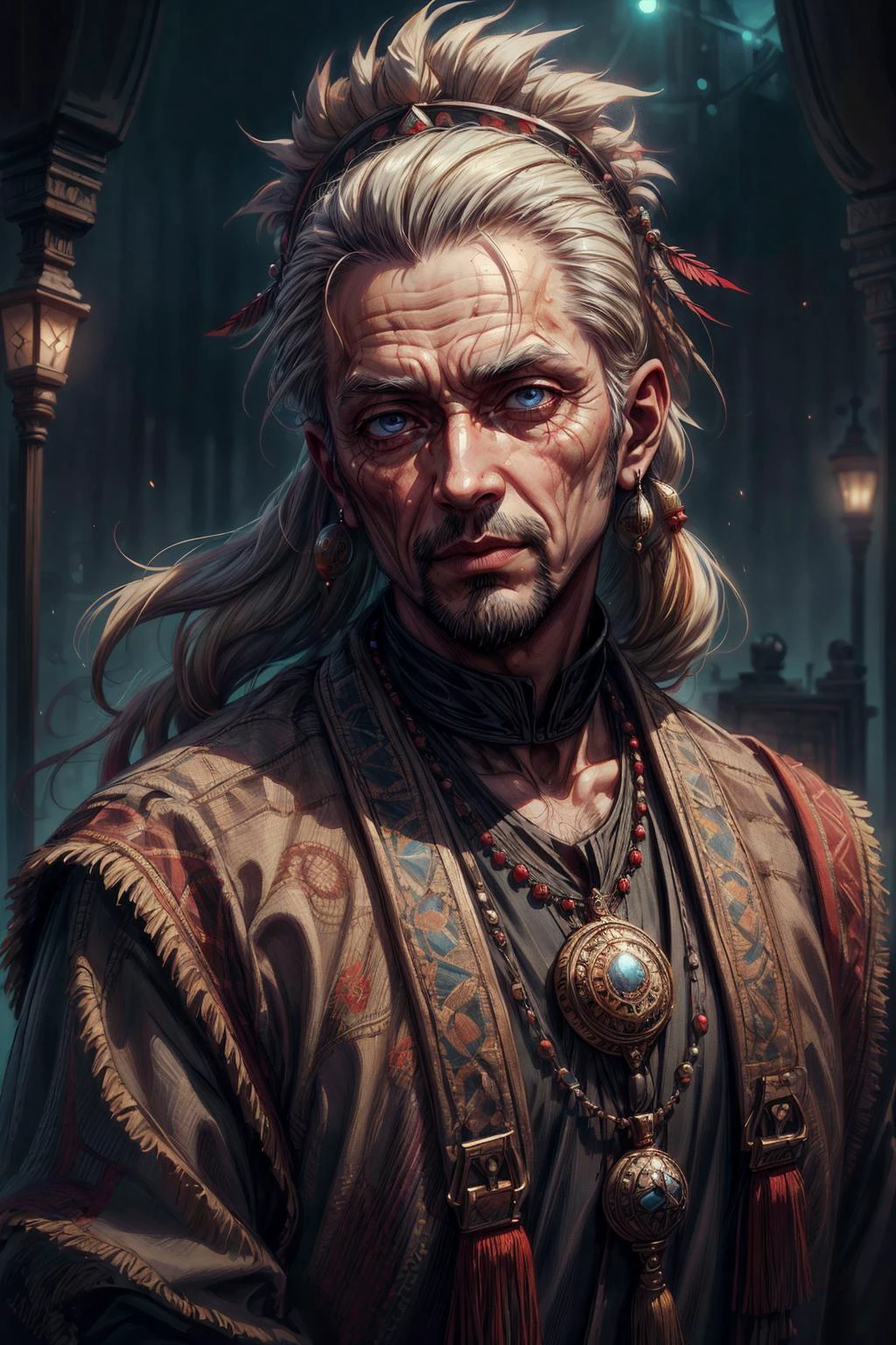 (extremely detailed:1.3), (masterpiece:1.3), illustration, Intricate illumination, Fine shadows, sharp focus, ((best quality)), <lora:more_details:1>, <lora:sharpen-soften:-0.25>, <lora:realistic:0.25>,
(1man, wrinkled face, old male:1.2), frail, light blue eyes, light blonde hair, goatee,
portrait, solo, upper body, looking at viewer, detailed background, detailed face, (<lora:TotemPunkAI:0.5>, totempunkai, sioux theme:1.1) middle-eastern desert sultan, dark orange arabic clothes, jewels, geometric motifs dynamic pose, smirk, north-african culture, carpets in background, clear skies, cinematic atmosphere,
<lora:fantasy00d:0.3>,