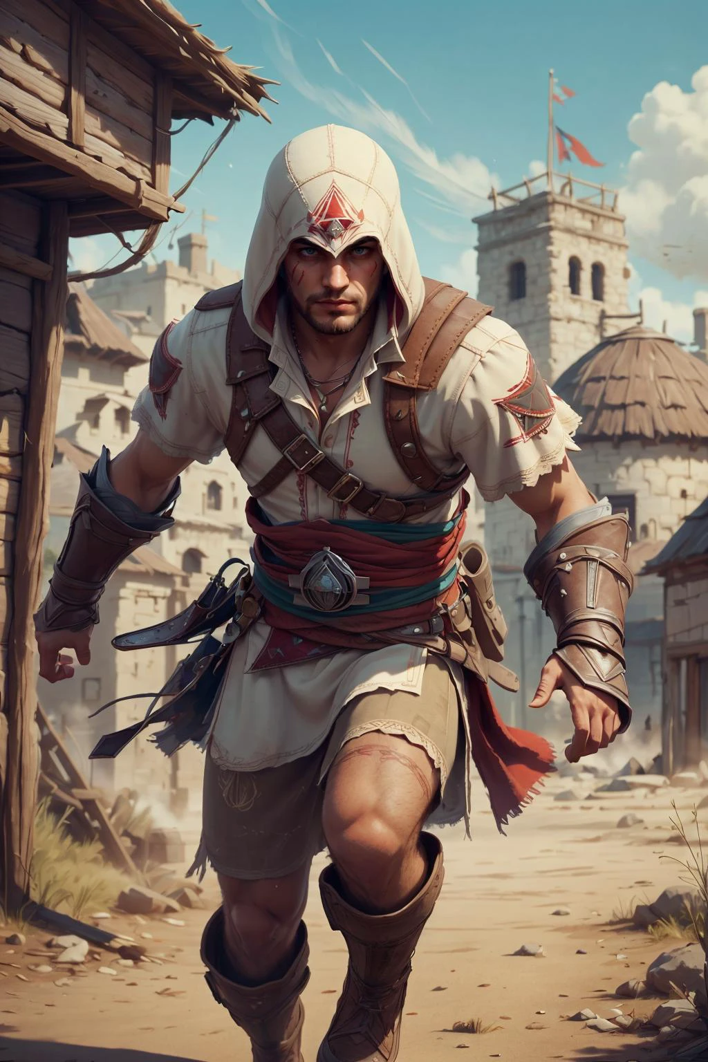 8k uhd, (best quality:1.2), (masterpiece:1.2), very detailed, intricate details, hyper detailed, <lora:realistic:0.3>, <lora:sharpen-soften:-0.25>,
(1man, muscular adult male:1.2), blue eyes, white hair, textured fringe,
(bloody scars:0.7), looking down, solo, upper body, detailed background, <lora:TotemPunkAI:0.5>, totempunkai, colonial outpost, wooden buildings, 1700s, tribal markings, sioux theme, focusing, assassins creed, assassin, hidden wrist-blade, white elaborate assassin clothes, capelet, leather pouches, small knives, undercover, dynamic pose, running, sewers in background, dirt, wind,
<lora:priconneCharacterFocus3_v1Counterfeit:0.3>,