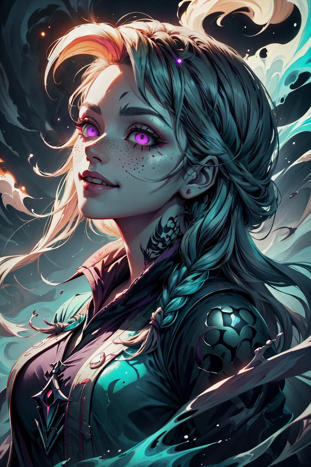 (masterpiece, best quality), <lora:add_detail_v5:1>, <lora:stylesqueeze_v1b:0.5>,
1 girl, adult woman, freckles, purple eyes, yellow waterfall braid,
(style-swirlmagic:0.8), portrait, solo, upper body, looking up, detailed background, detailed face, (<lora:TotemPunkAI:0.5>, totempunkai theme:1.1) acid-sorcerer, wizard robes, talisman, evil grin, dynamic pose, glowing eyes, bright green color scheme, green clothes, pale skin, controlling poison, toxic, flask of poison, poisoned dagger, tattoos, glowing symbols, floating particles, surrounded by noxious smoke, graveyard in background, dark shadows, ominous atmosphere,