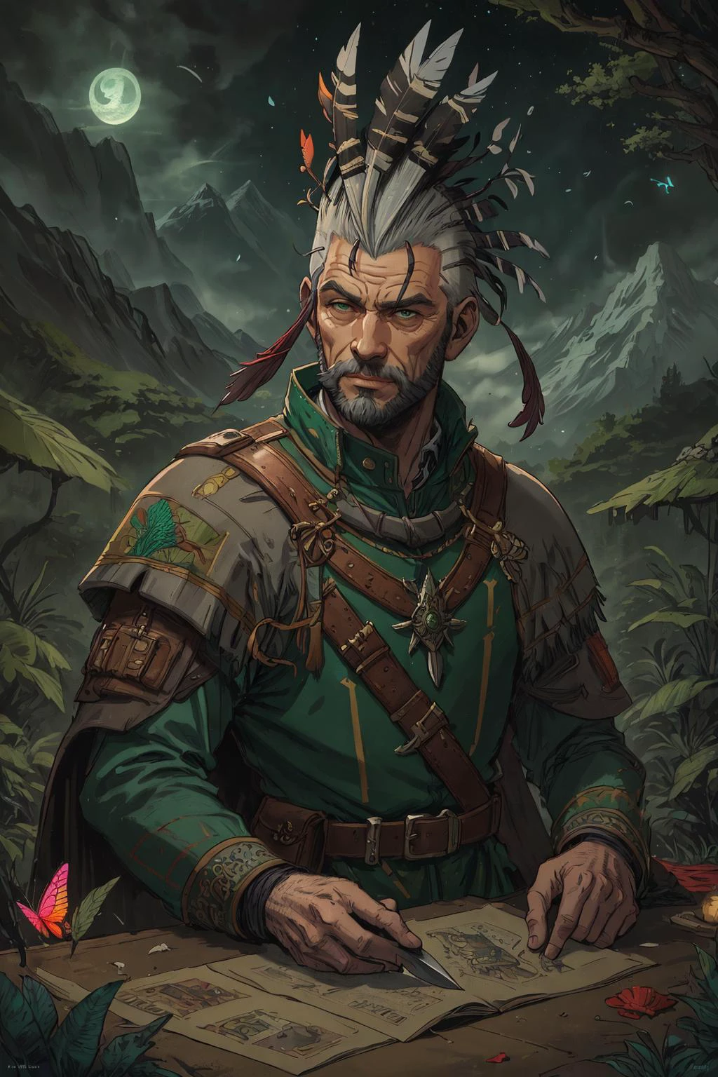 (best quality, masterpiece, highest detailed), comic cover art, poster art, <lora:Ink_poster-000004:0.3>,
(1man, old male:1.2), coral eyes, gray hair, mutton chops,
<lora:GoodHands-beta2:0.8>,
looking at viewer, solo, from front, front view, upper body, detailed background, detailed face, (<lora:TotemPunkAI:0.5>, totempunkai, mohawk theme:1.1), scout, light smile, confident presence, beautiful landscape, sitting, medieval fantasy setting, high fantasy, green embroidered leather clothes, capelet, pouch, straps, enchanted forest, ferns, , bioluminescent plants, mountains, (Style-SwampMagic:0.4), butterflies, feathers, curved blade, ethereal moonlight,