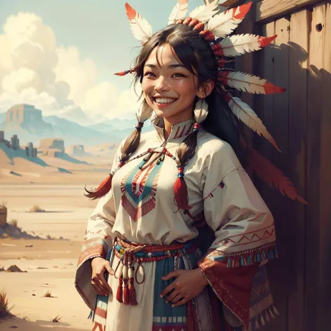 <lora:TotemPunkAI:.8> TotemPunkAI sioux dress on woman, smiling