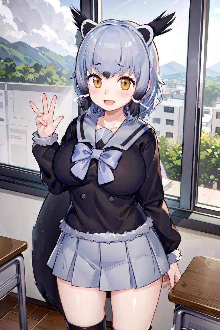 <lora:BinturongKemonofriends_Binturong:0.7>,BINTURONG_school
1girl,solo,masterpiece, best quality, high quality,delicate facial features,mishoujo,hyper_detail,game cg, finely detailed beautiful eyes and detailed face,lustrous skin,colorful
binturong_(kemono_friends), animal ears, tail,grey hair, multicolored hair,black hair, short hair, brown eyes, (large_breasts:1.2)
(sailor collar:1.3), skirt, long sleeves, bow, black footwear, bowtie, black hair, shirt, loafers, black socks, buttons,
(looking at viewer:1.2), (cowboy_shot:1.2),(standing:1.2),blush,smile,open mouth,
(classroom:1.3),mountain,blue_sky,cloud,window