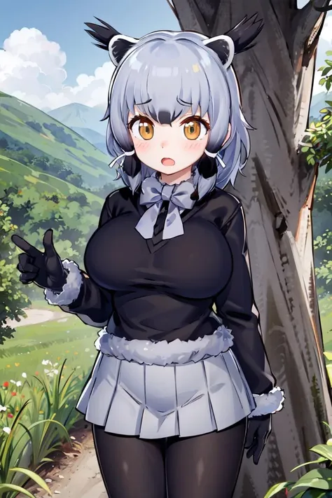 <lora:BinturongKemonofriends_Binturong:0.7>,BINTURONG
1girl,solo,masterpiece, best quality, high quality,delicate facial features,mishoujo,hyper_detail,game cg, finely detailed beautiful eyes and detailed face,lustrous skin,colorful
binturong_(kemono_friends), animal ears, tail,grey hair, multicolored hair,black hair, short hair, brown eyes, (large_breasts:1.2)
black shirt, black footwear, black gloves, black pantyhose, grey skirt, pleated skirt, white ribbon, hair ribbon, fur trim,  gloves,  long sleeves,  fur-trimmed sleeves, bow,bowtie, 
(looking at viewer:1.2), (cowboy_shot:1.2),(standing:1.2),blush,:o,open mouth,:3,
(forest:1.3),mountain,blue_sky,cloud,tree