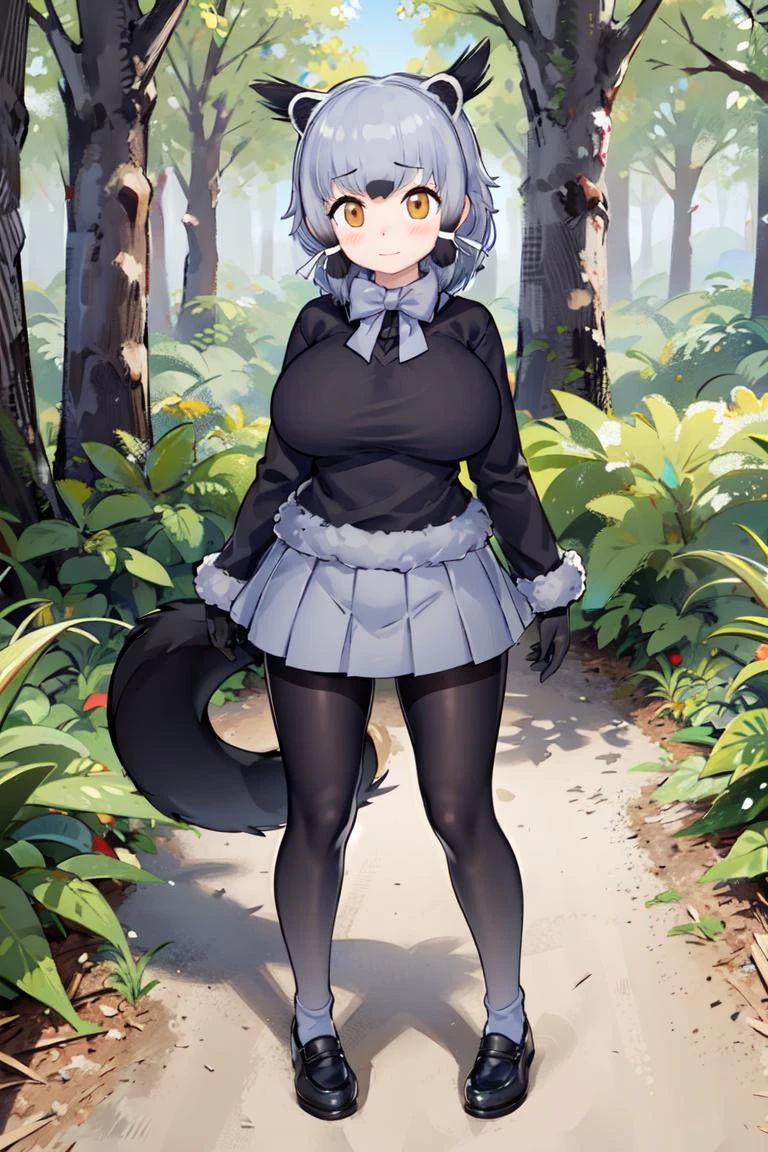 <lora:BinturongKemonofriends_Binturong:0.7>,BINTURONG
1girl,solo,masterpiece, best quality, high quality,delicate facial features,mishoujo,hyper_detail,game cg, finely detailed beautiful eyes and detailed face,lustrous skin,colorful
binturong_(kemono_friends), animal ears, tail,grey hair, multicolored hair,black hair, short hair, brown eyes, (large_breasts:1.2)
black shirt, black footwear, black gloves, black pantyhose, grey skirt, pleated skirt, white ribbon, hair ribbon, fur trim, gloves, long sleeves, fur-trimmed sleeves, bow,bowtie,
(looking at viewer:1.2), (full_body:1.2),(standing:1.2),blush,closed mouth,
(forest:1.3),mountain,blue_sky,cloud,tree