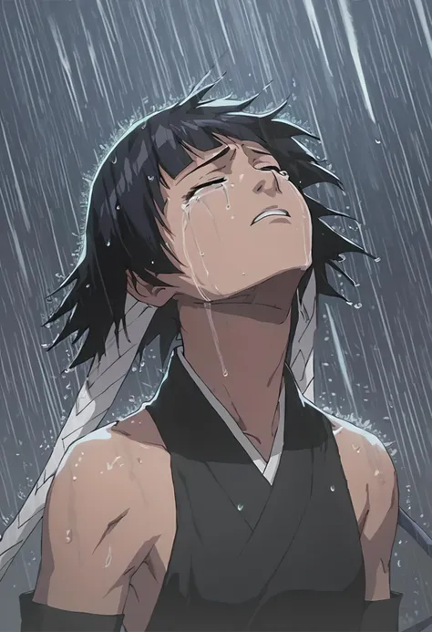 score_9, score_8_up, score_7_up, sui-feng, looking up, crying, eyes closed, three quarter view, sleeveless, black kimono, detached sleeves, rain <lora:Soi_Fon:0.9>