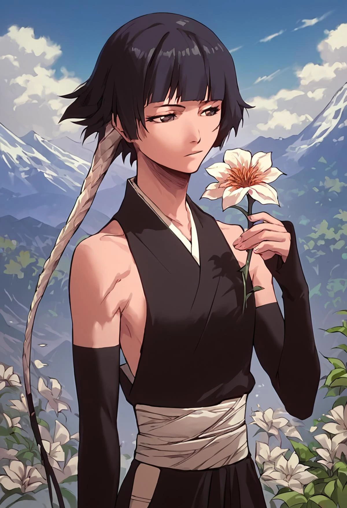 score_9, score_8_up, score_7_up, source_cartoon, sui-feng, holding flower, smelling flower, sleeveless, black kimono, detached sleeves, mountain <lora:Soi_Fon:1>