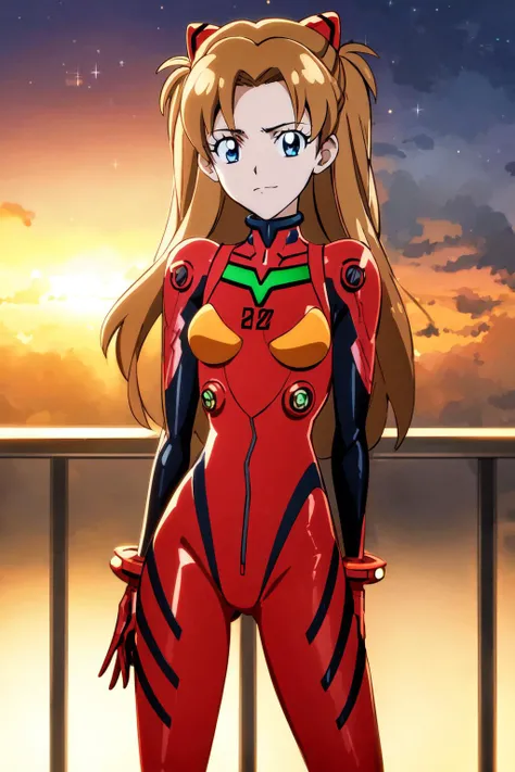 1girl <lora:green:0.6> precure ha , stars sparkle, outdoors night golden sunset mist fog atmospheric haze glow (milkers:0.8) large bokeh xy34 <lora:asukaLangleySohryu_v9:0.8> asuka langley neon genesis evangelion,