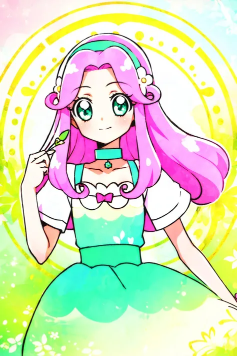 solo, long hair,pink hair,look at the viewer1girl, symbol in eye, green choker, dress flower,green eyes,flower in eyes , <lora:ha chan-000012:1>