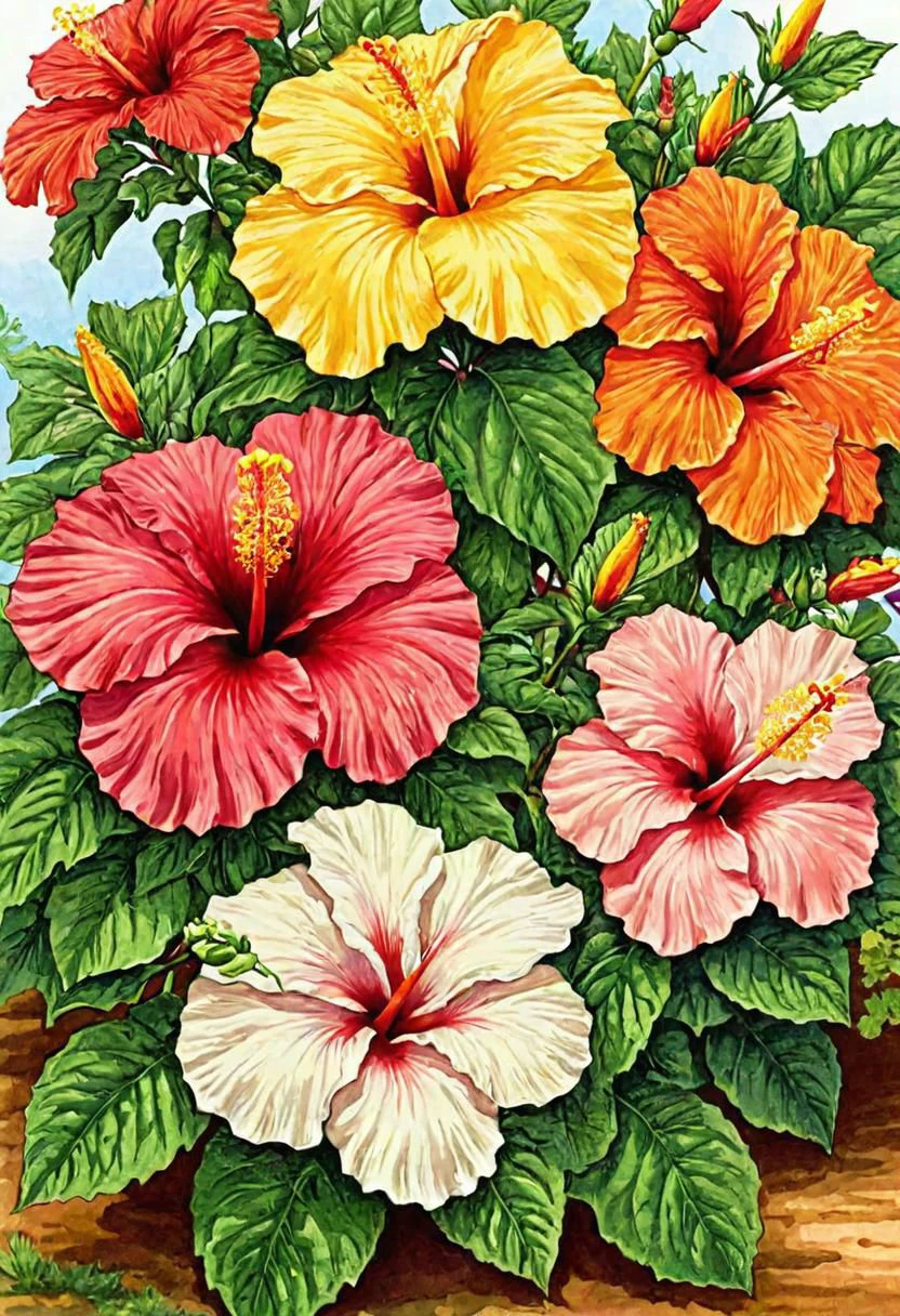 Hibiscus flowers are big in size at the front. Various backgrounds. Coloring pencils,