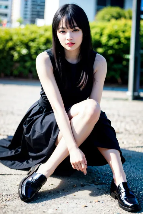 4k, photo, realistic,best quality,1girl,woman, (full body:1.2), photo \(medium\), women,solo, black hair, lips, looking at viewer, blurry, black eyes, depth of field, long hair, loafers, bare legs, black dress, <lora:suzu_v11_w0.6to0.75:0.6>