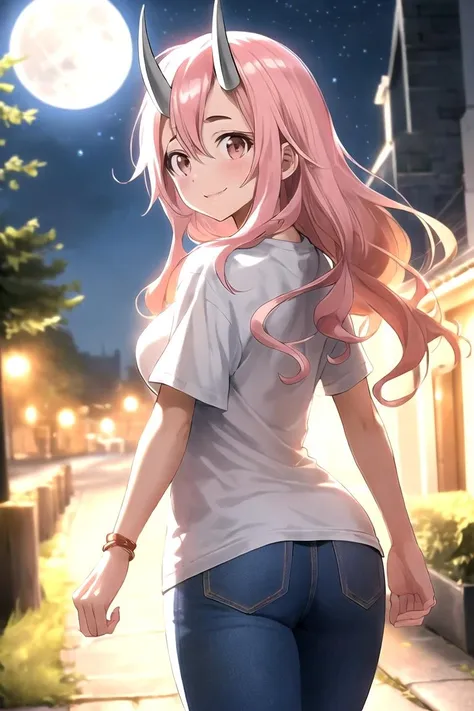 masterpiece, best quality, shuna (tensura), 1girl, solo, long hair, pink hair, oni horns, hair between eyes, t-shirt, jeans, walking, looking back, looking at viewer, street, starry sky, illuminated by the moon
, full moon, loving smile, light blush,
<lora:shuna_tensura-08:0.8>